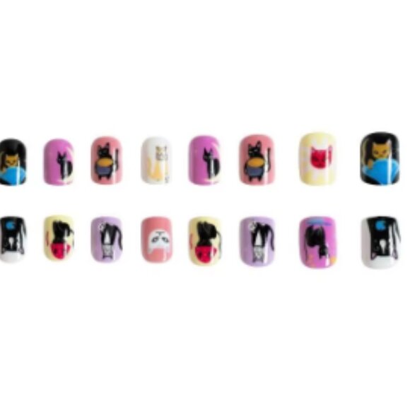 24 Pc Short Round Cats Cartoon False Artificial Press Glue On Nail - Picture 6 of 7